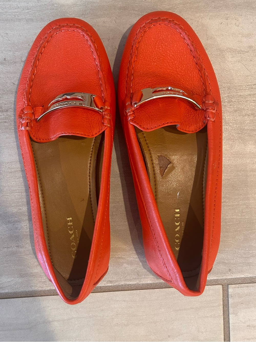 Coach Bright Orange Leather Loafers with Silver Tone Bit